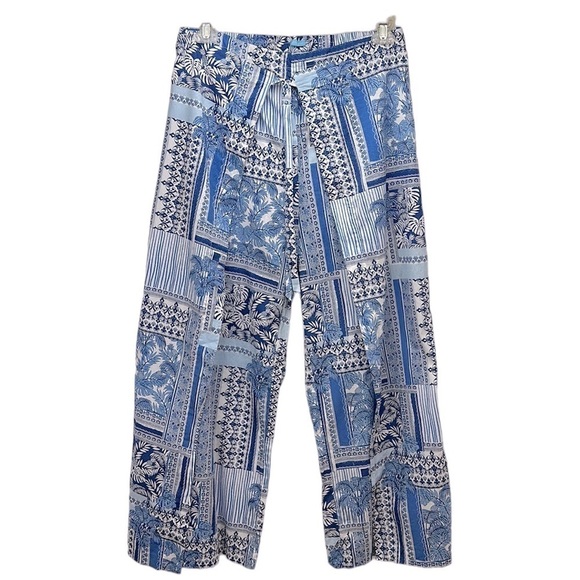 J. McLaughlin White Blue Palm Print Eugene Palazzo Pants M Wide Leg Patchwork - Picture 1 of 14